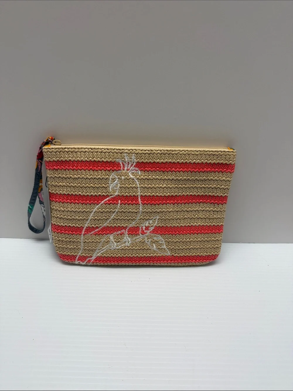 Vera Bradley Woven Straw Wristlet Pouch with Coral Stripe and Parrot Embroidery